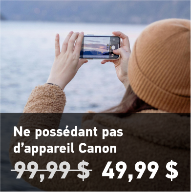 Femme photographiant avec son téléphone dans un paysage glacé. Non-propriétaires d’appareils photo Canon 99,99 $ Prix spécial 49,99 $