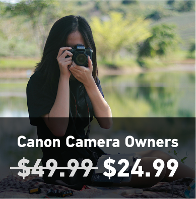 woman shooting with a canon camera. Canon camera Owners $49.99. Special pricing $24.99