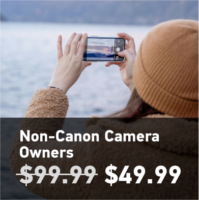 wwoman shooting with her phone in an icy landscape. Non-Canon camera owners $99.99 special pricing $49.99