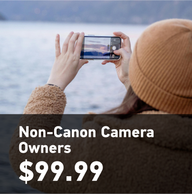 woman shooting with her phone in an icy landscape. Non-Canon camera owners $99.99