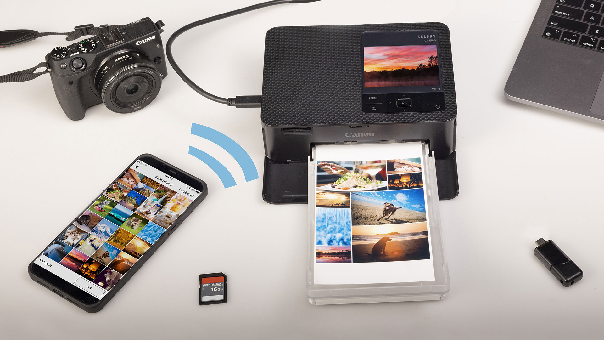 SELPHY CP1500 printing with camera, phone, and laptop nearby