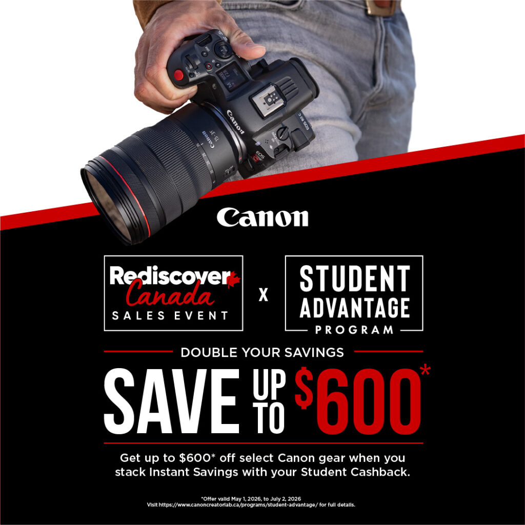 student holding a Canon camera. Save up to $600 off select Canon gear when you stack instant savings with your student cashback