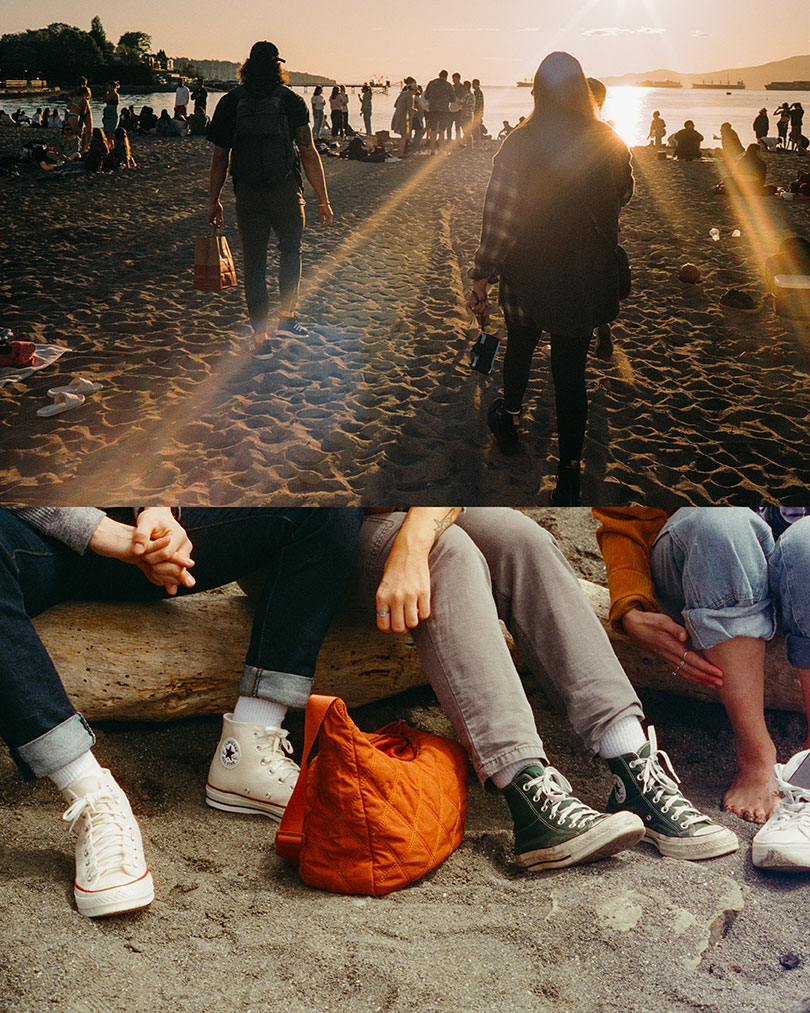 friends walking on a beach and another picture of a group of friends feet on the beach