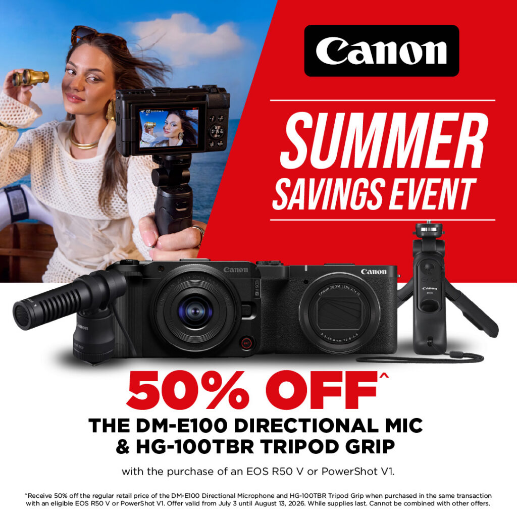 summer savings event. R50 V and PowerShot V1 with DM-E100 Mic and HG-100TBR Tripod Grip