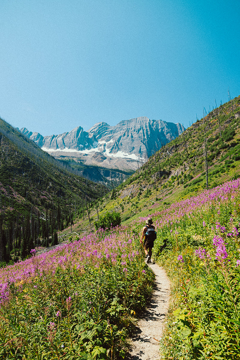 matt solie walking down a path on grassy mountains in summer